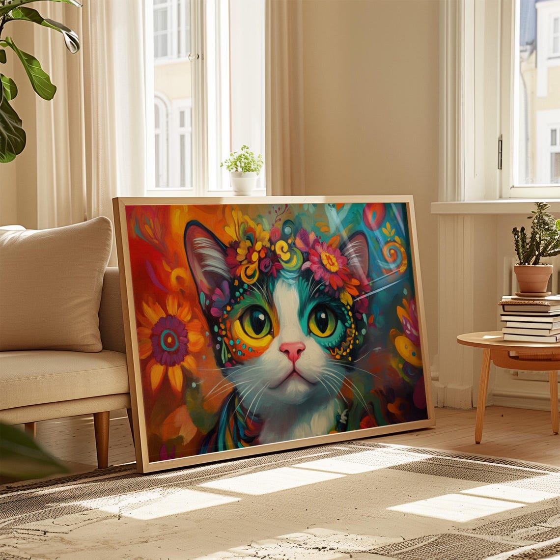 Kitten With Flower Crown Big Green Eyes Vibrant Fiesta Folk Art Poster - Image 4