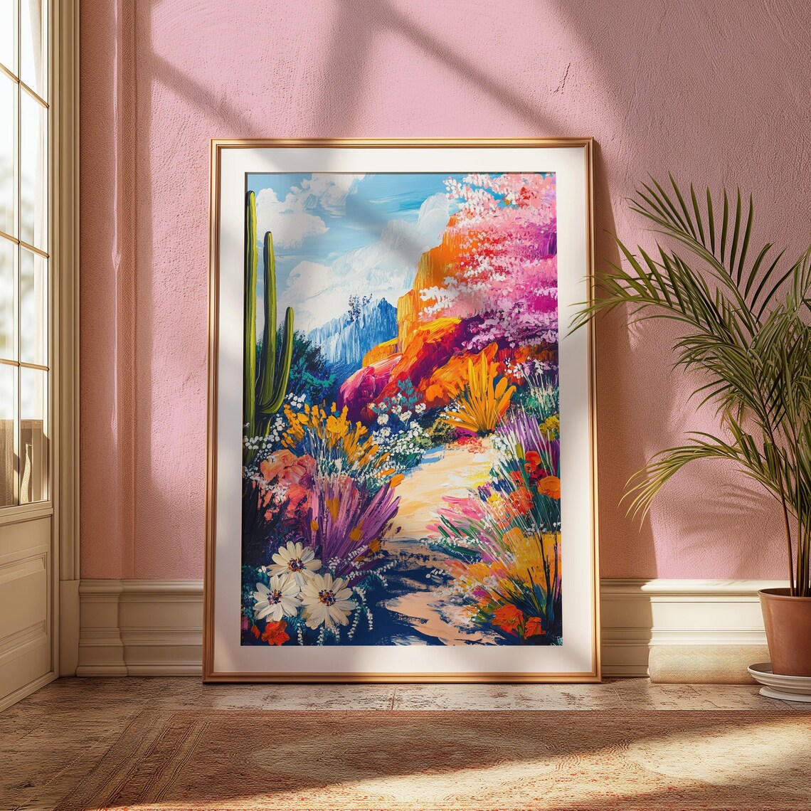 Blooming Desert Canyon Path Saguaro Cactus Pink Wildflowers Blue Sky Landscape Poster - Image 2