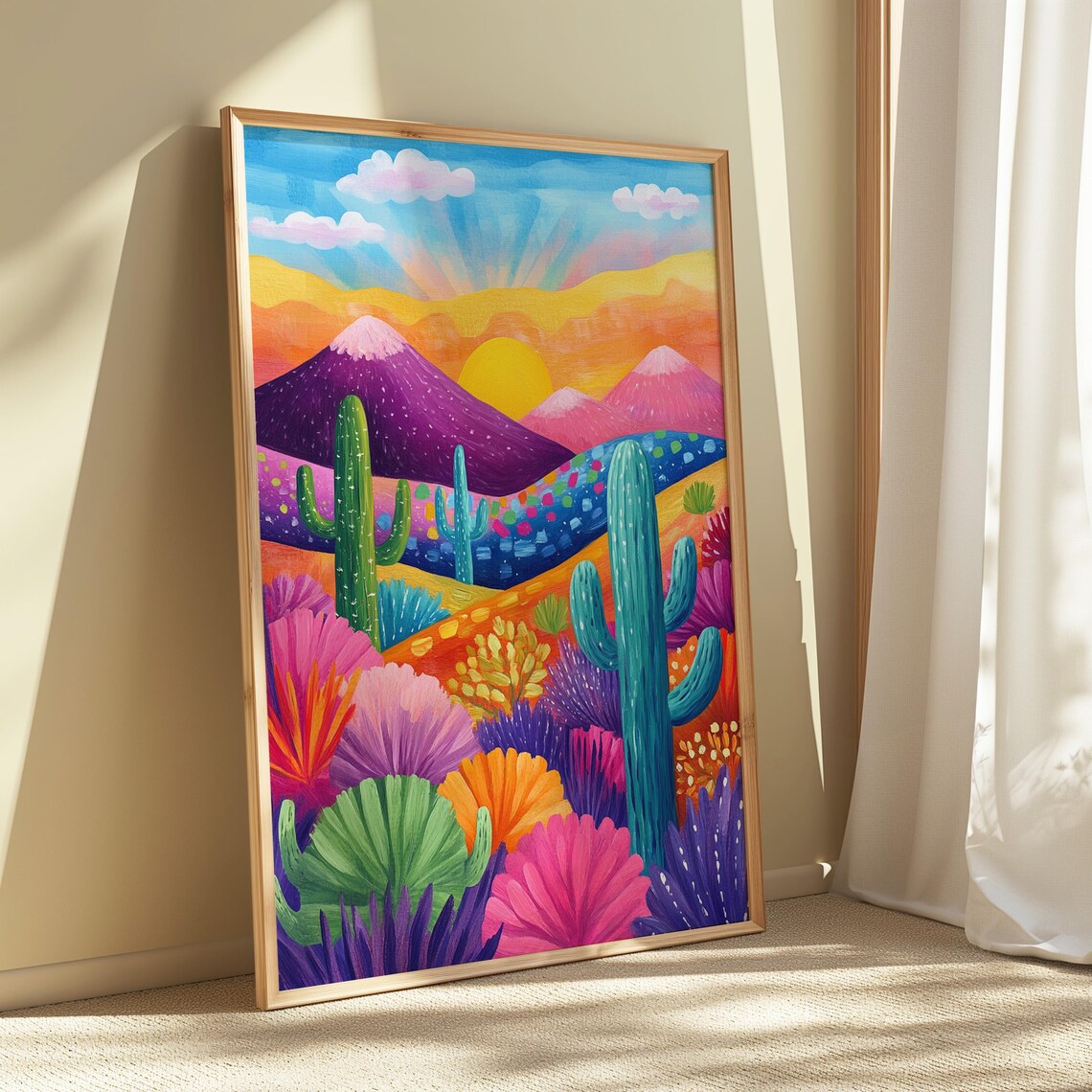 Naive Desert Cacti Pink Mountain Peaks Golden Sun Playful Folk Art Poster - Image 5