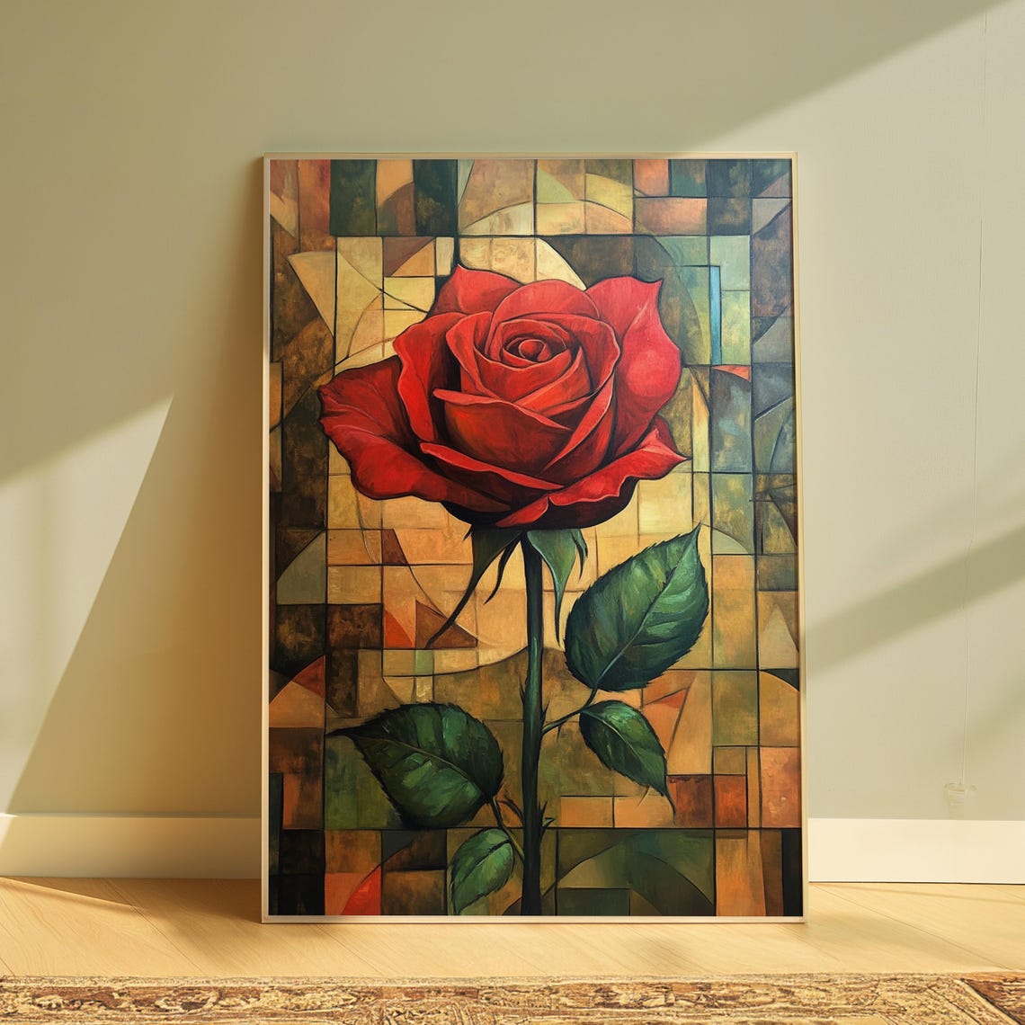 Romantic Red Rose Stained Glass Amber Mosaic Background Floral Poster