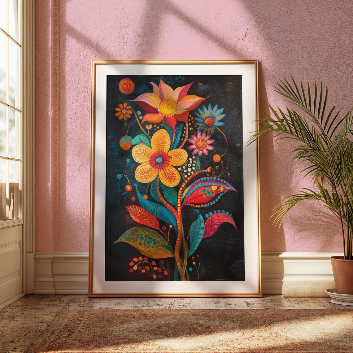 Whimsical Orange Pink Flowers Black Background Folk Floral Poster - Image 2