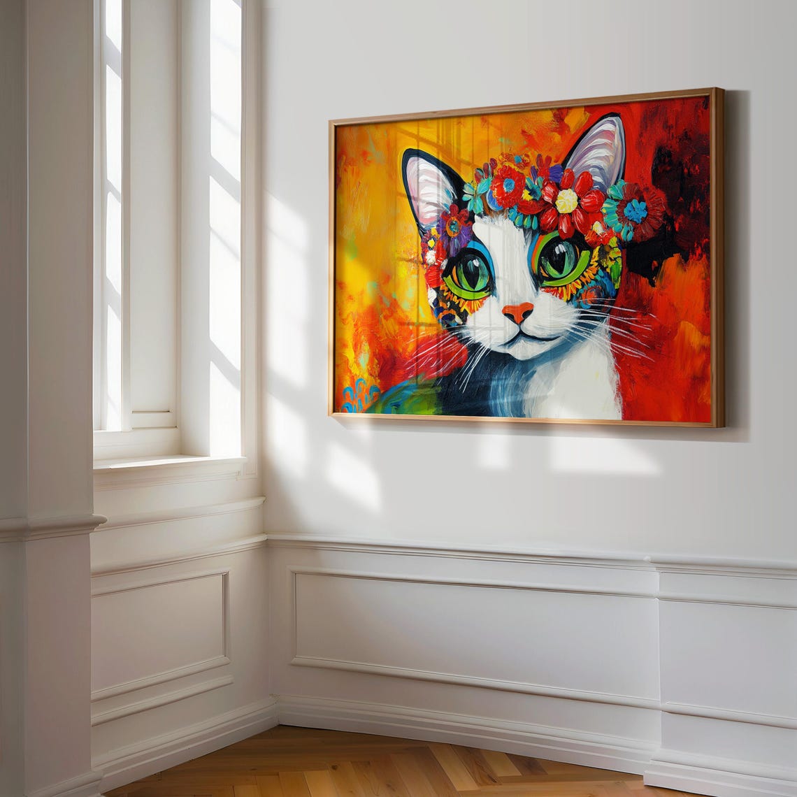Tuxedo Cat Wearing Floral Crown Frida Style Green Eyes Red Art Poster - Image 3