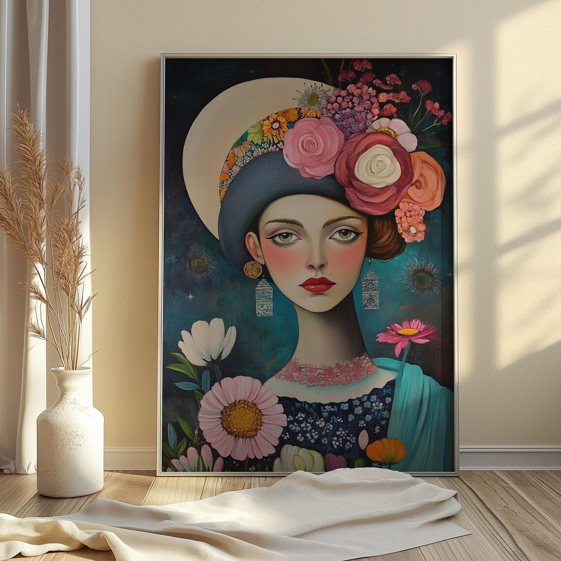 Surreal Woman Wide Brim Hat Pink Roses Teal Moonlit Floral Portrait Poster - Image 2