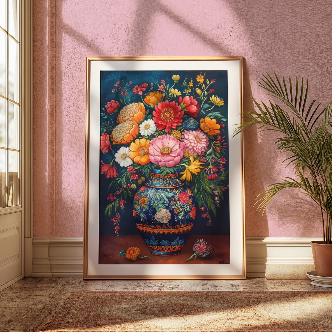 Lush Zinnia Dahlia Bouquet Ornate Blue Mexican Vase Teal Floral Poster - Image 2