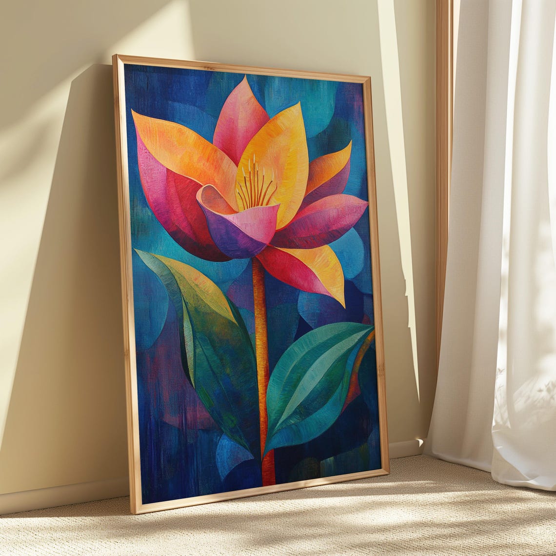 Pink Orange Lotus Bloom Dark Teal Leaf Floral Painting Poster - Image 5