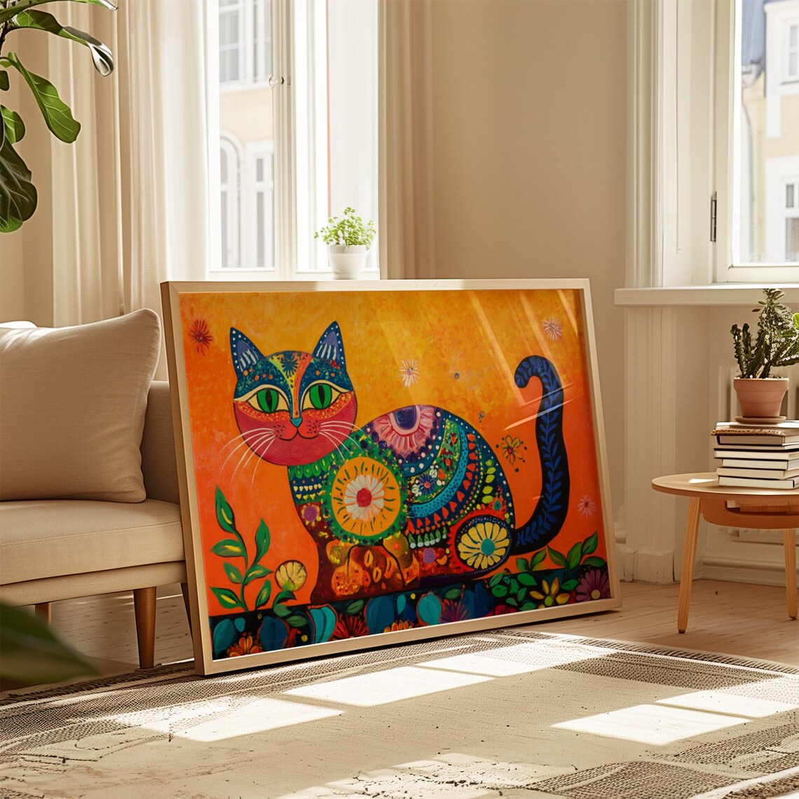 Folk Art Seated Cat Floral Medallion Patterns Golden Orange Poster - Image 4