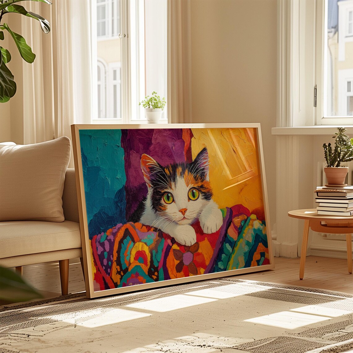 Calico Kitten Resting on Colorful Quilt Green Eyes Impasto Art Poster - Image 4