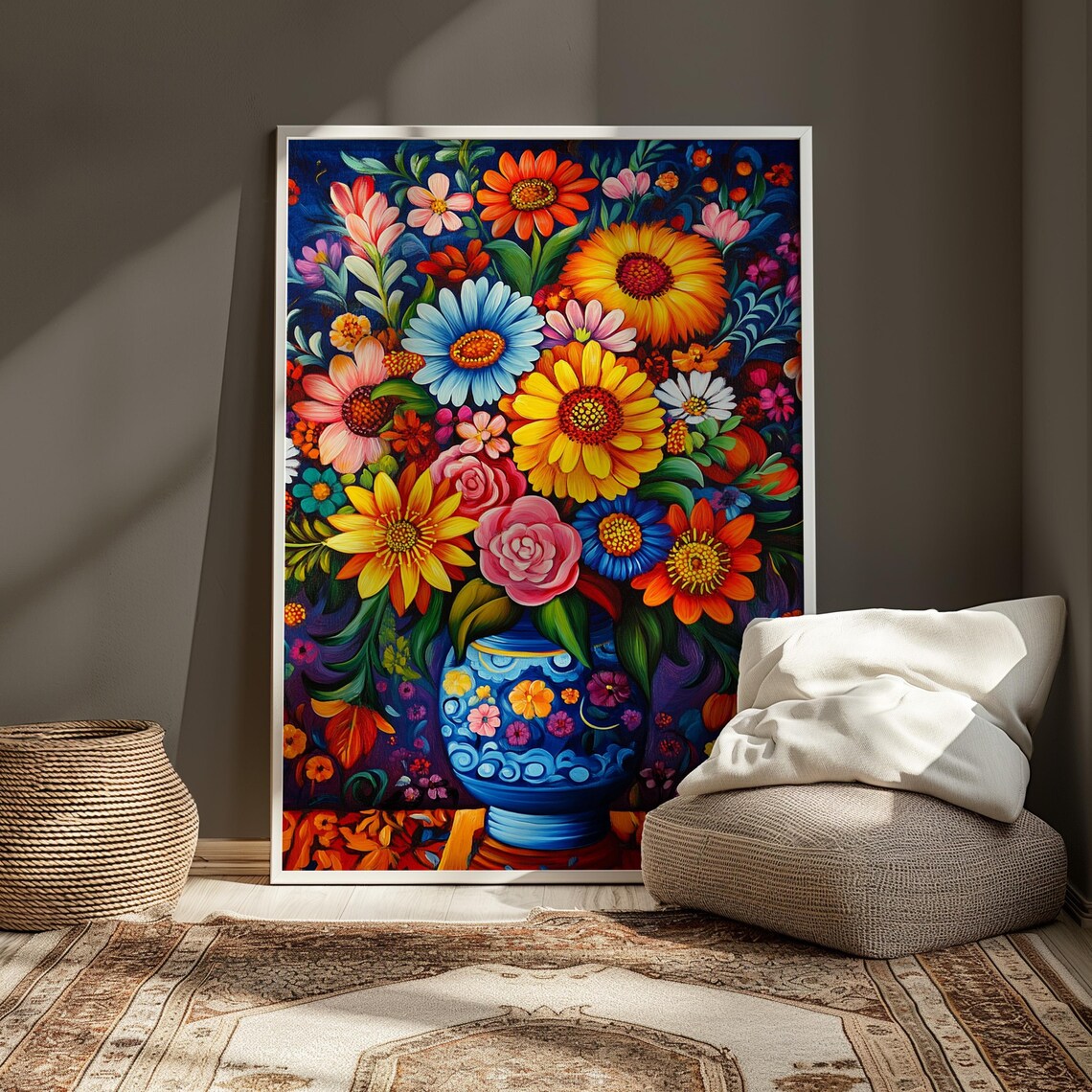 Deep Navy Mexican Folk Art Floral Bouquet In Ornate Blue Vase Print - Image 4