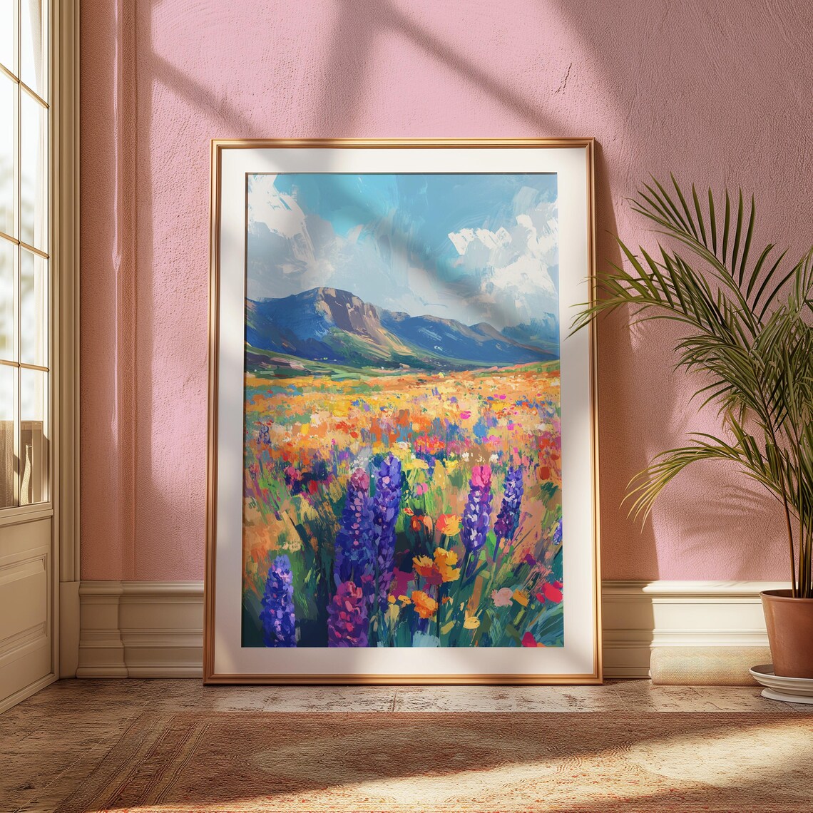 Impressionist Wildflower Meadow Lupines Blue Mountains Cloudy Sky Landscape Poster - Image 2