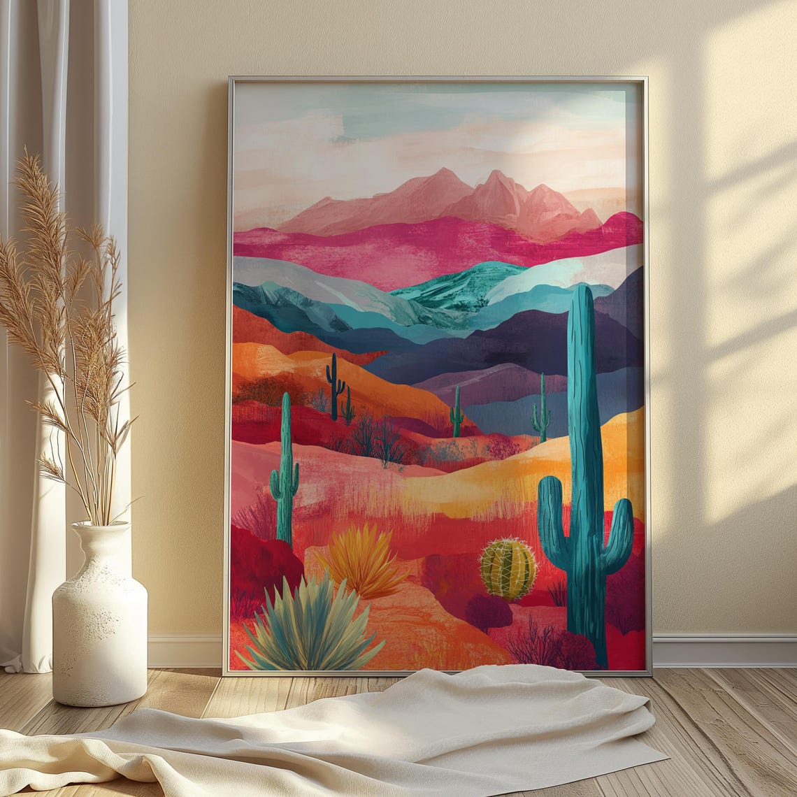 Colorful Layered Desert Mountains Cactus Landscape Abstract Art Poster - Image 4