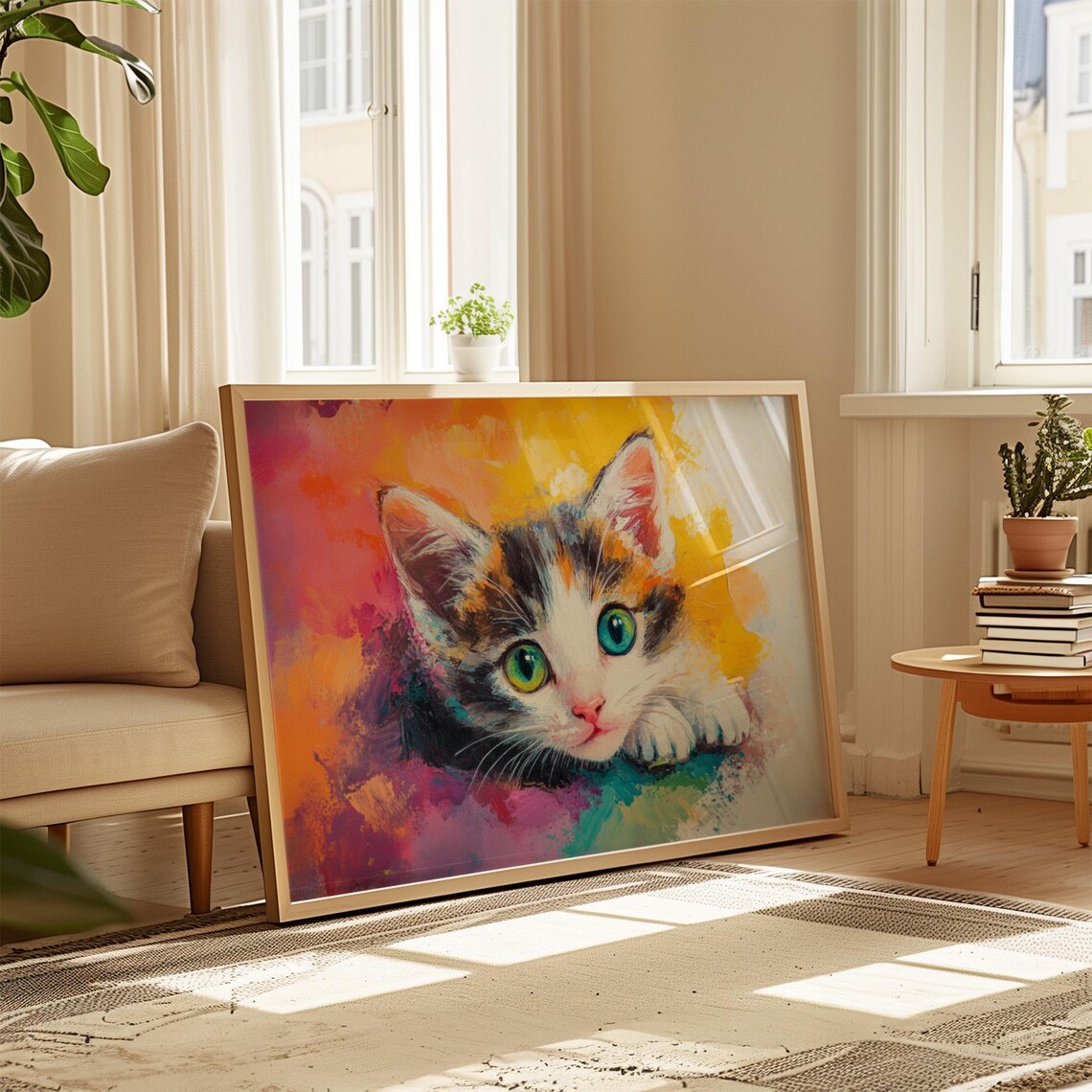 Calico Kitten Bright Green Eyes Rainbow Watercolor Splash Cat Art Poster - Image 4