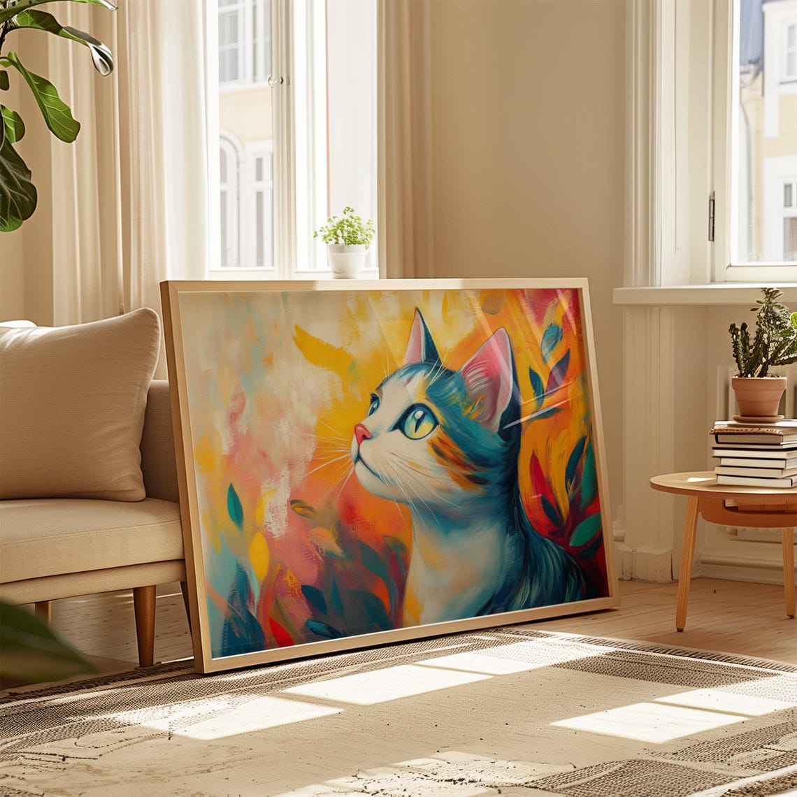 Blue Tabby Cat Looking Up Sunrise Abstract Painterly Dreamy Art Poster - Image 4