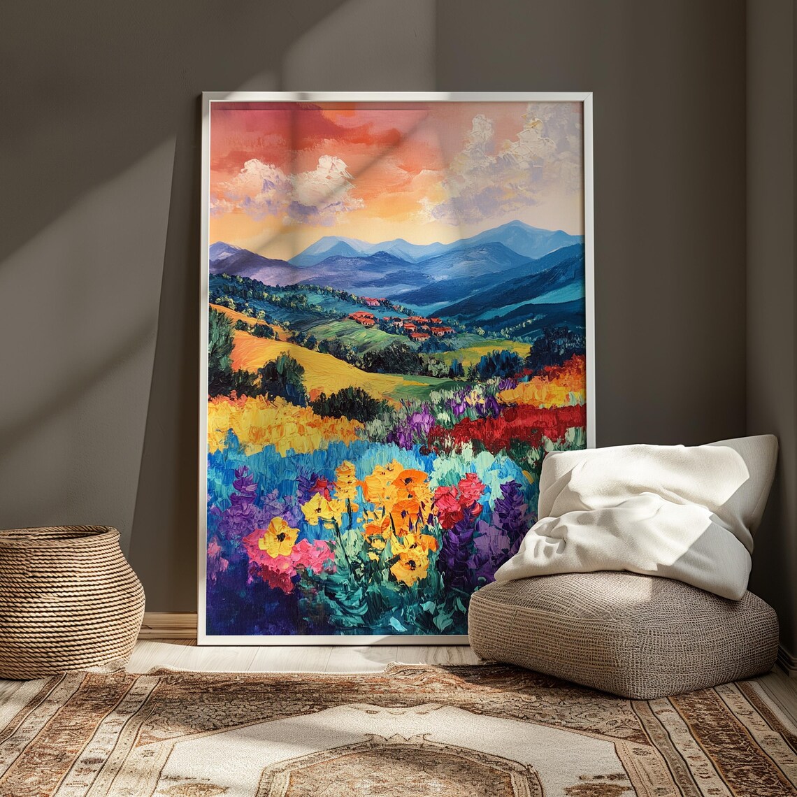 Wildflower Meadow Mountain Village Sunset Blue Peaks Travel Wall Art Poster - Image 3