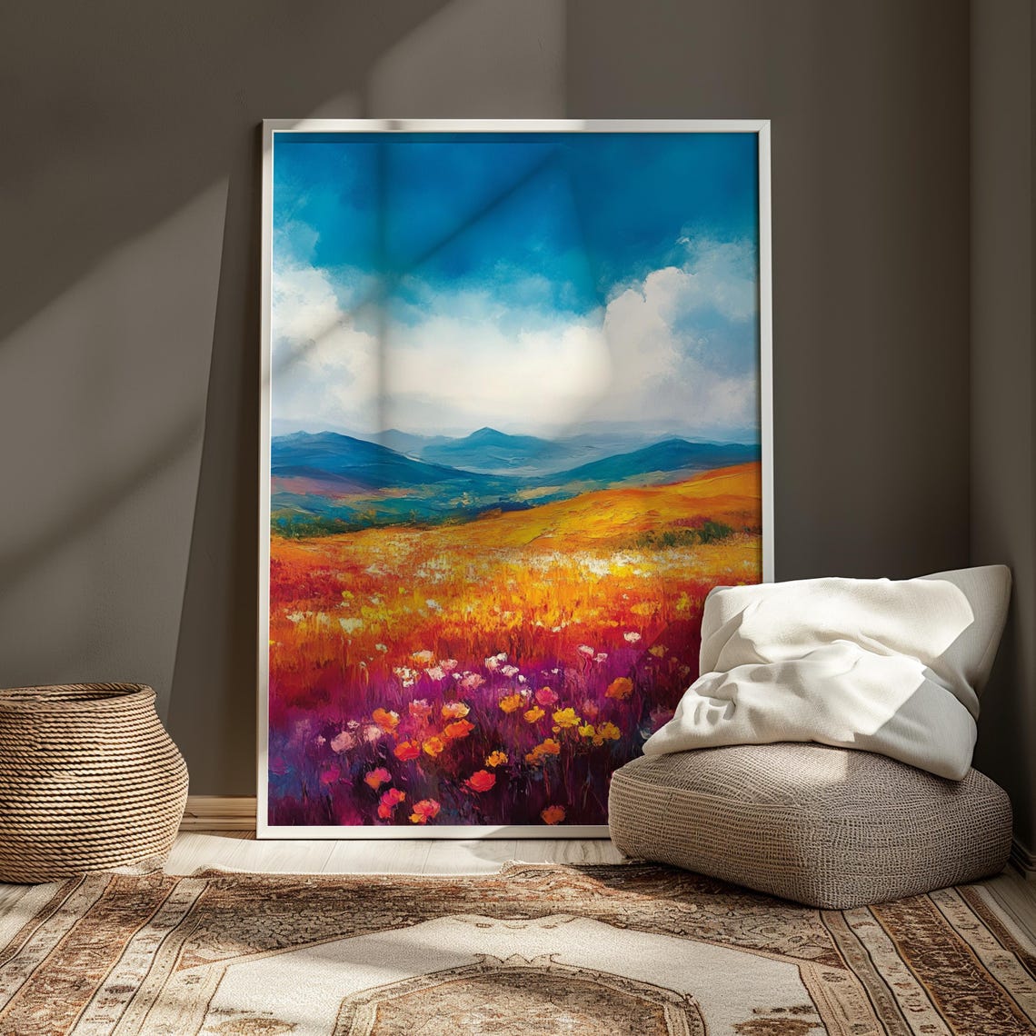 Golden Prairie Wildflower Field Blue Mountain Impressionist Print - Image 3