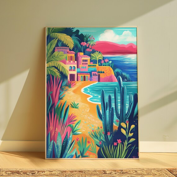 Mexican Coastal Village Beach Colorful Houses Cactus Art Poster