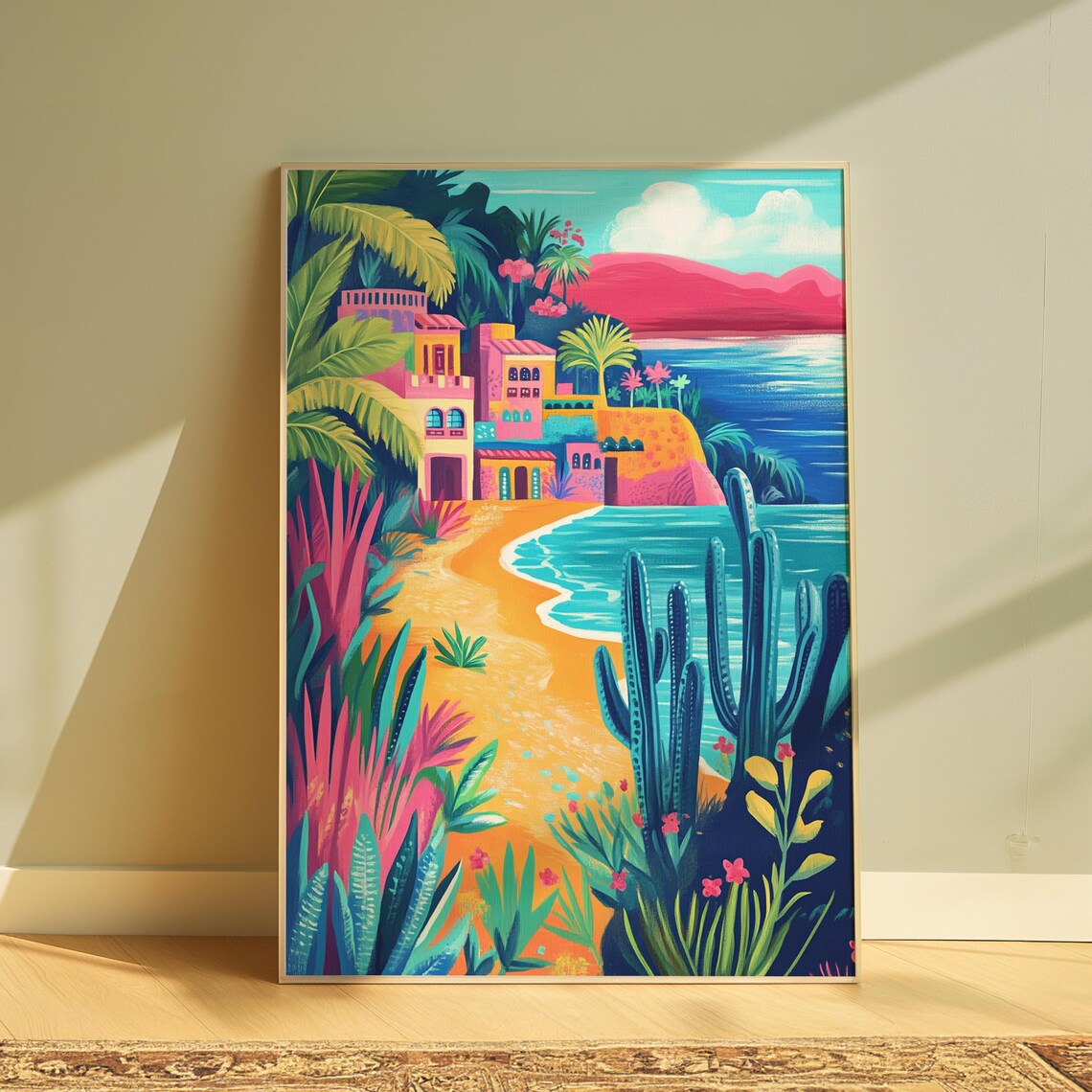 Mexican Coastal Village Beach Colorful Houses Cactus Art Poster