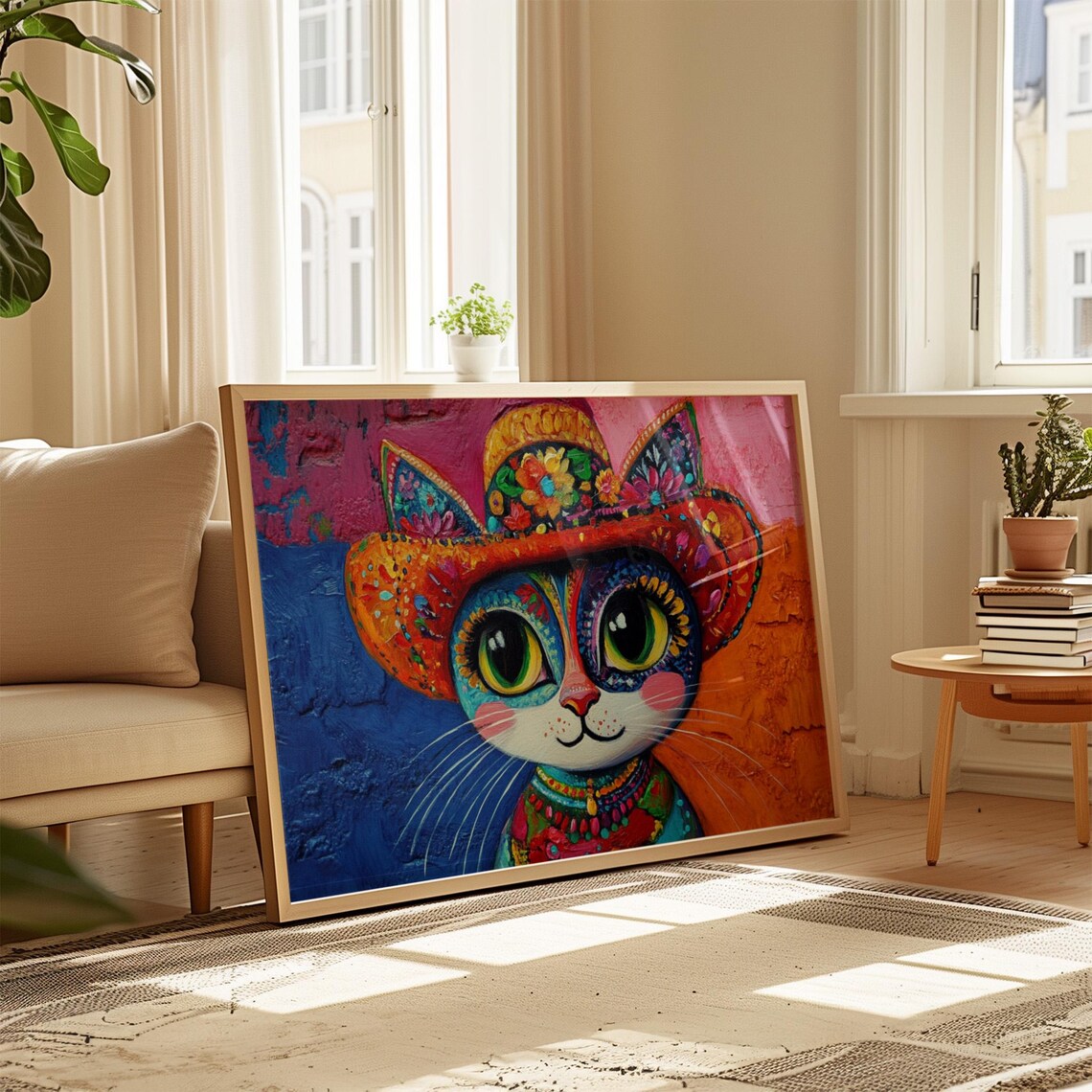 Mexican Folk Art Cat Wearing Floral Sombrero Day of Dead Style Cat Poster - Image 4