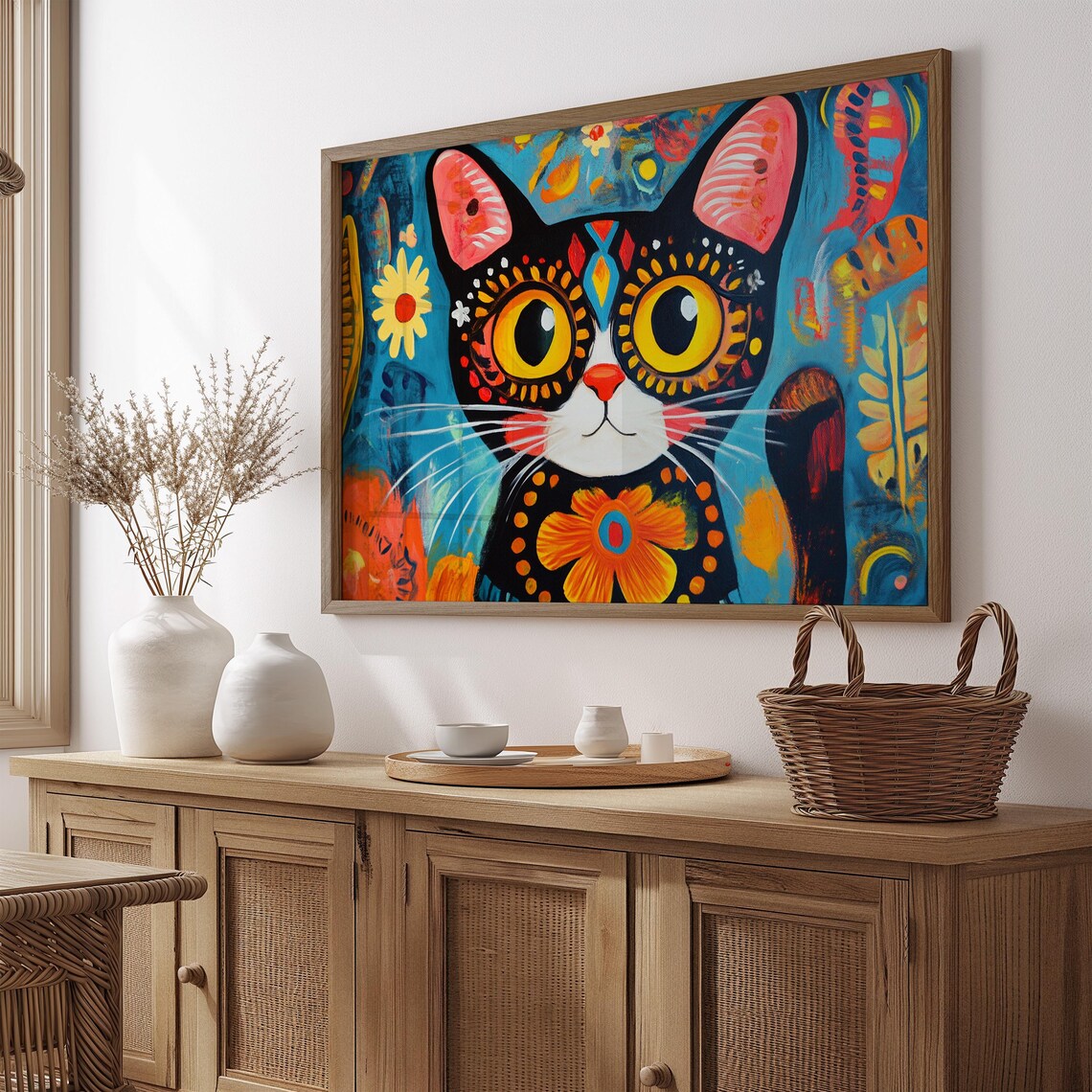 Black Cat Big Yellow Eyes Floral Decorations Blue Orange Folk Art Poster