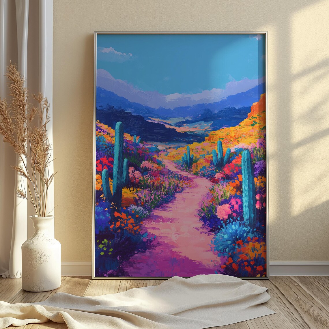 Pink Desert Trail Teal Cacti Wildflower Bloom Golden Hills Mountain Vista Poster - Image 4