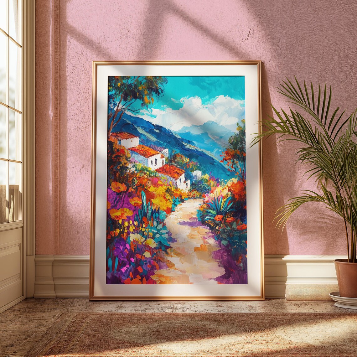 Hillside Houses Colorful Flower Garden Path Blue Mountain Art Print - Image 2