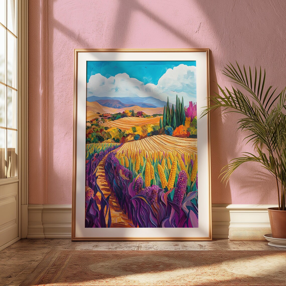 Golden Corn Field Purple Stalks Cypress Trees Rolling Hills Sunny Landscape Poster - Image 2