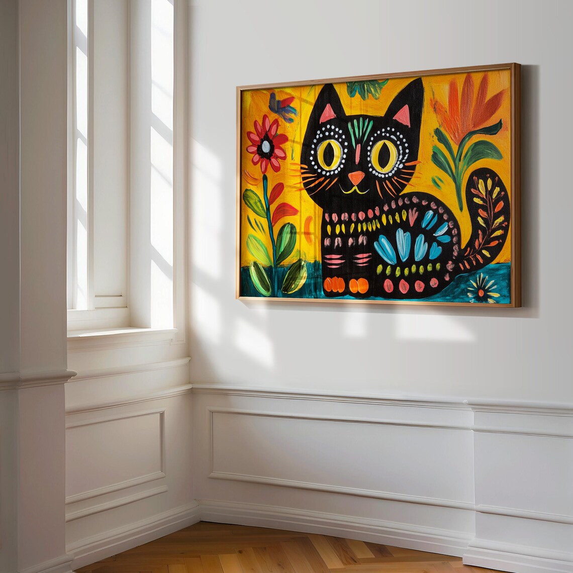 Naive Folk Art Black Cat in Flower Garden Yellow Sunset Cute Cat Poster - Image 3
