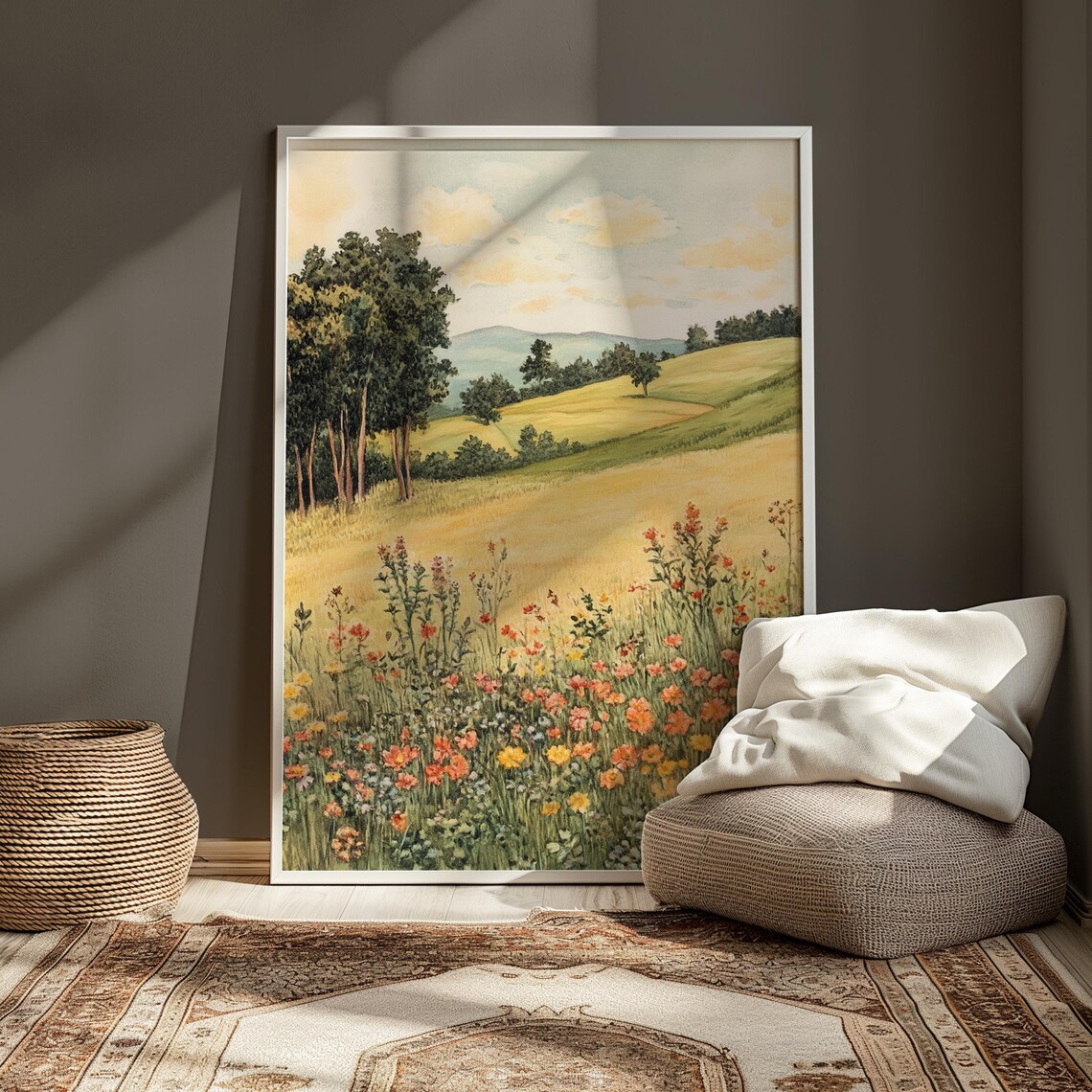 Golden Wheat Field Wildflower Meadow Rolling Hills Countryside Art Poster - Image 3