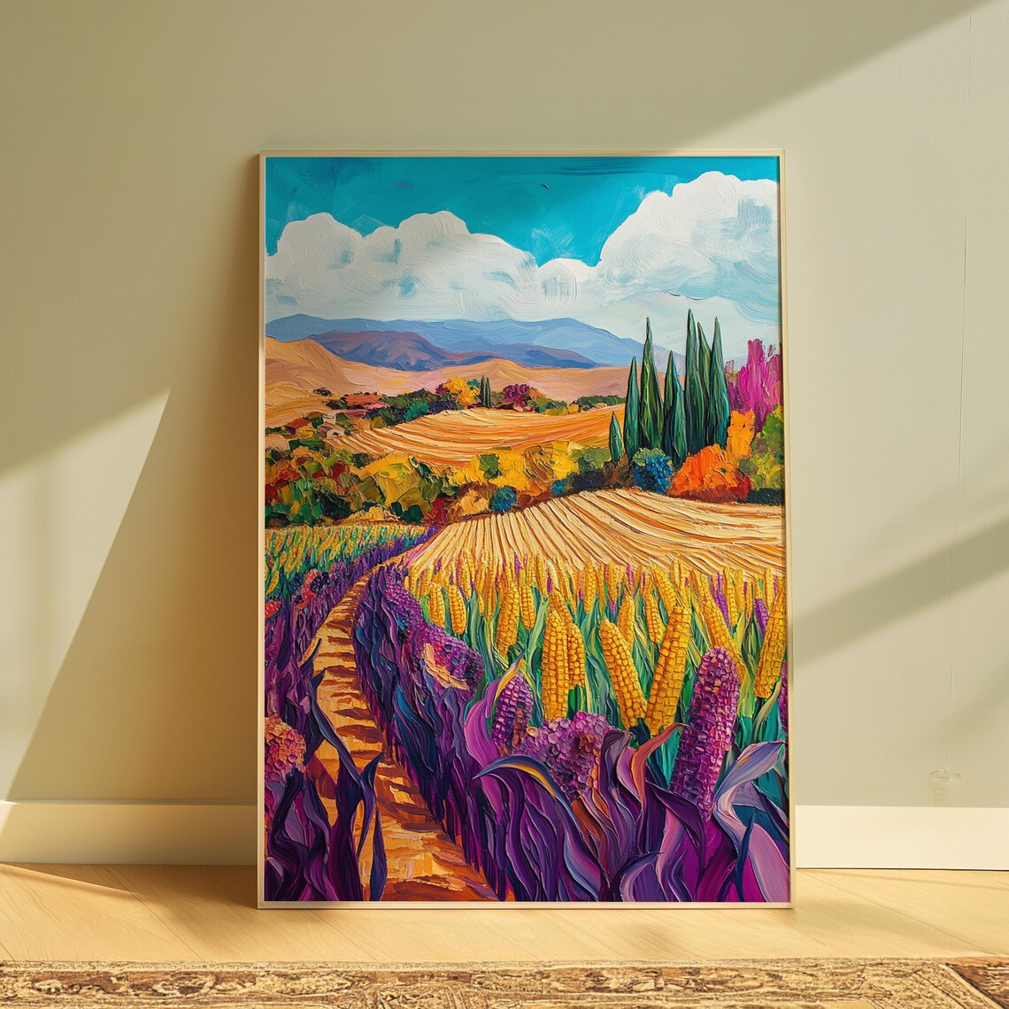 Golden Corn Field Purple Stalks Cypress Trees Rolling Hills Sunny Landscape Poster