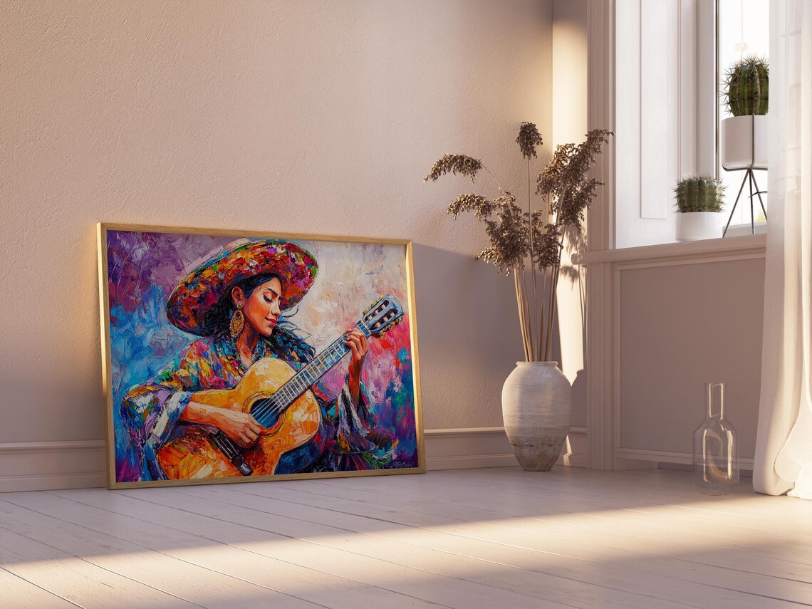Mexican Guitar Player Painting Sombrero Woman Music Palette Knife Wall Art - Image 2
