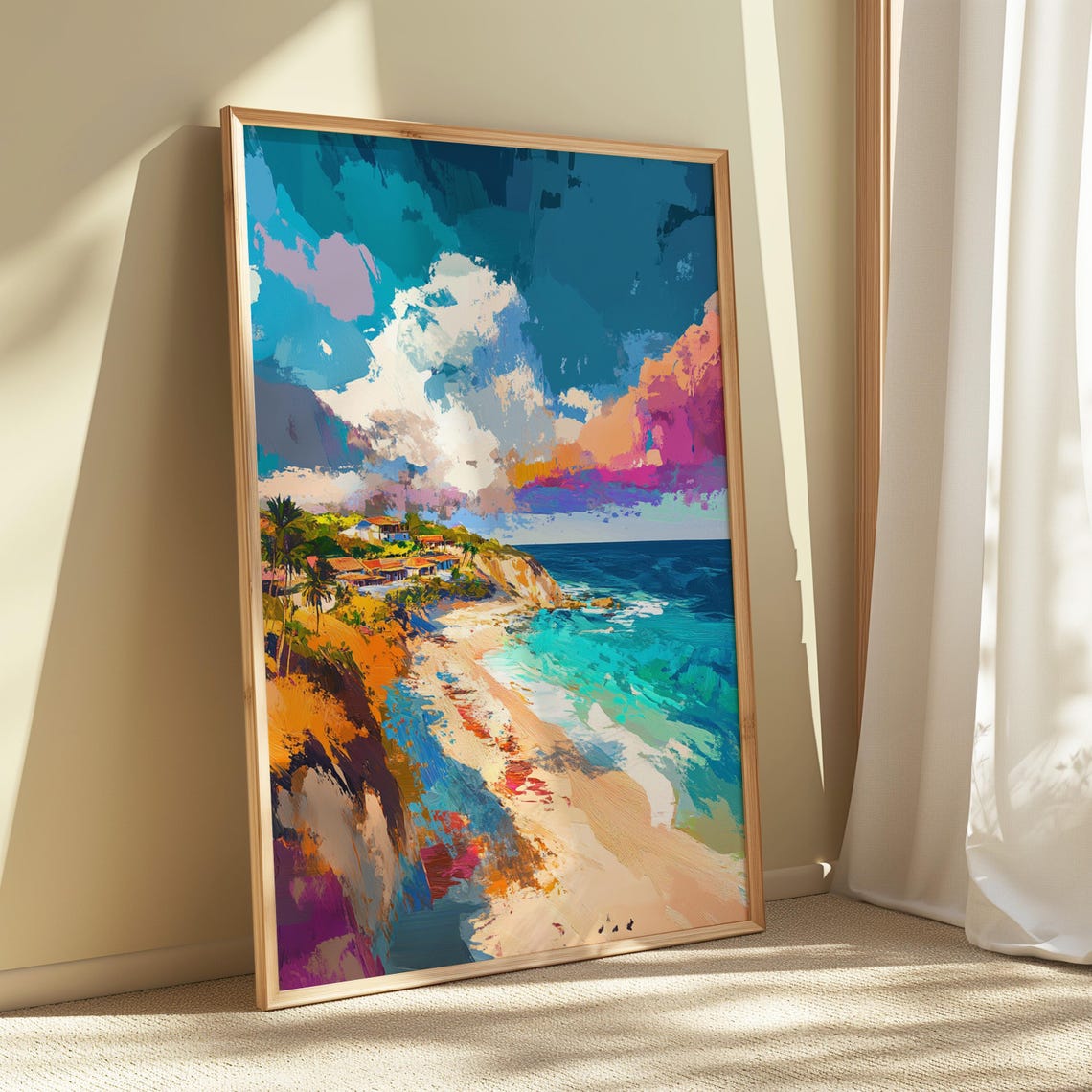 Cliffside Beach Town Turquoise Ocean Sunset Colorful Art Print - Image 5