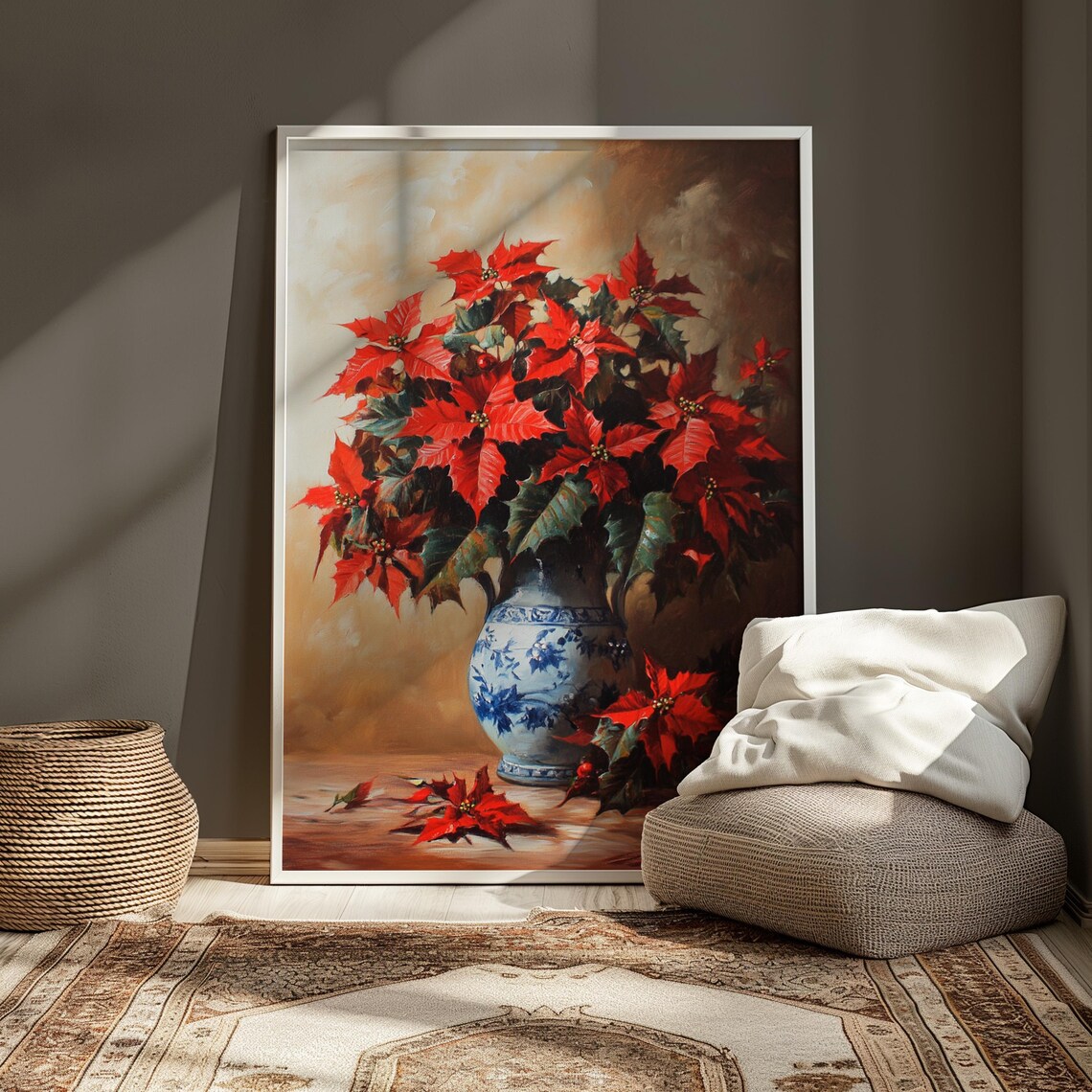 Red Poinsettia Blue Porcelain Vase Classic Christmas Still Life Poster - Image 4