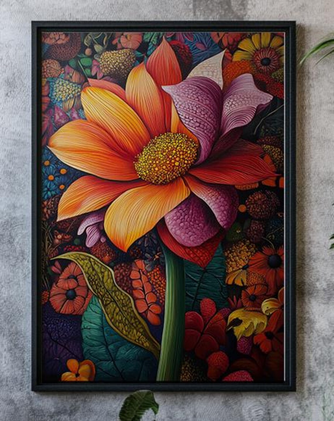 Giant Orange Purple Daisy Lush Garden Vivid Floral Painting Art Poster