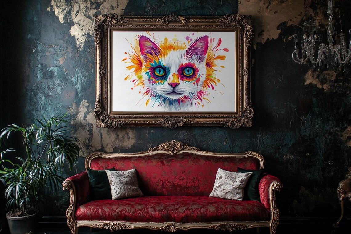 Bold Pink Orange Watercolor Cat With Sugar Skull Eyes Poster - Image 2