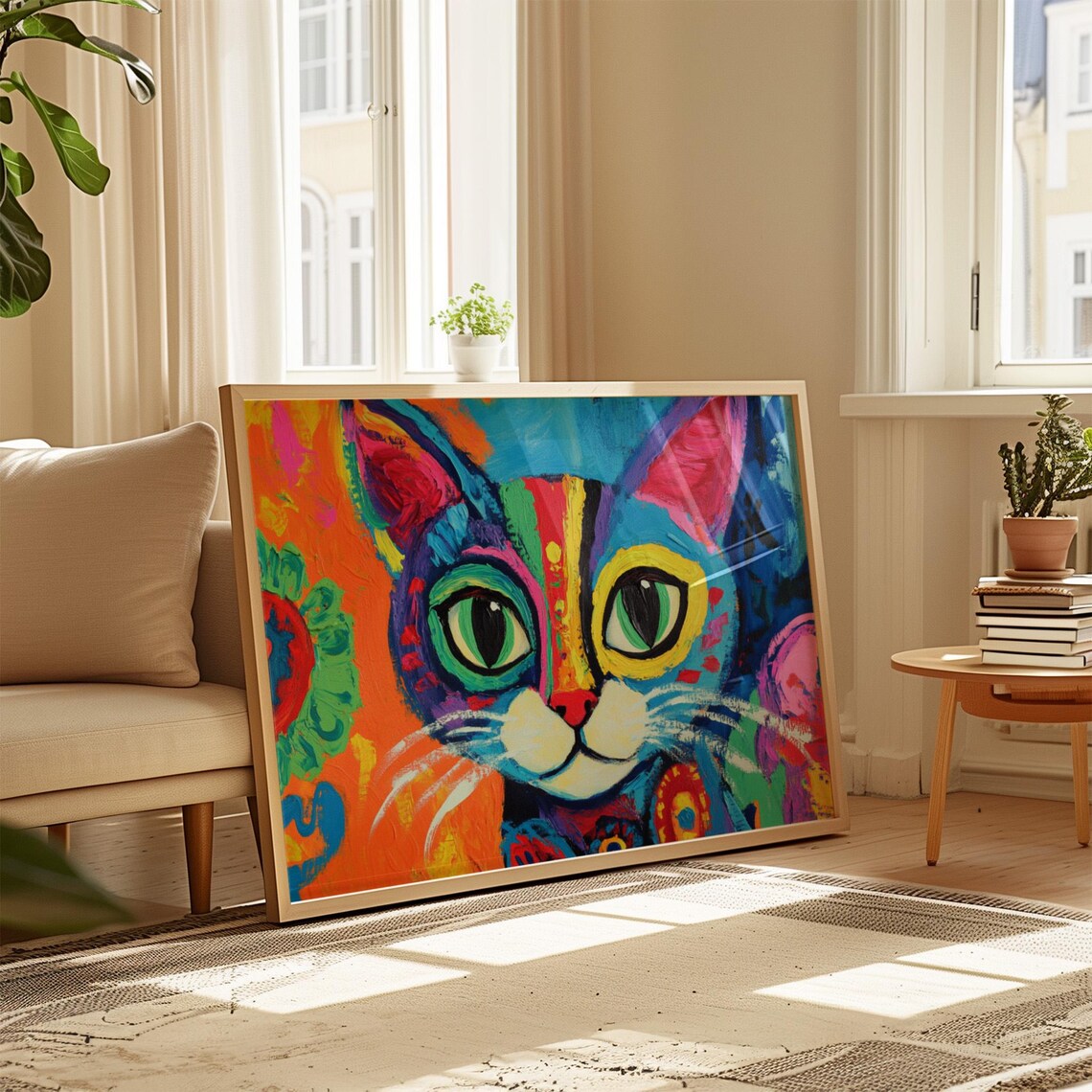 Whimsical Cat Big Green Eyes Yellow Outlines Colorful Abstract Poster - Image 4