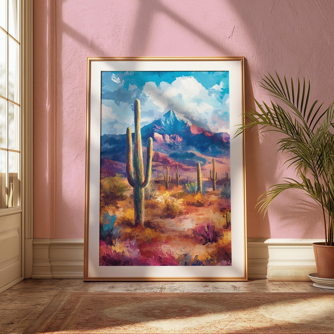 Mexican Desert Saguaro Cactus Snow Capped Mountain Colorful Landscape Poster - Image 2