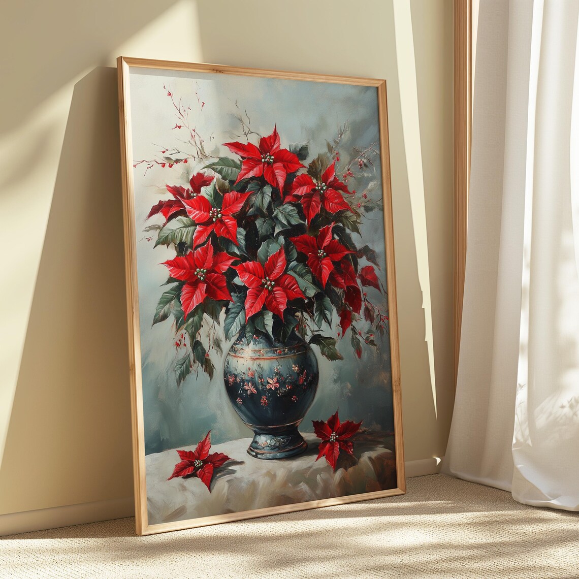 Red Poinsettia Dark Blue Floral Vase Soft Christmas Still Life Poster - Image 5