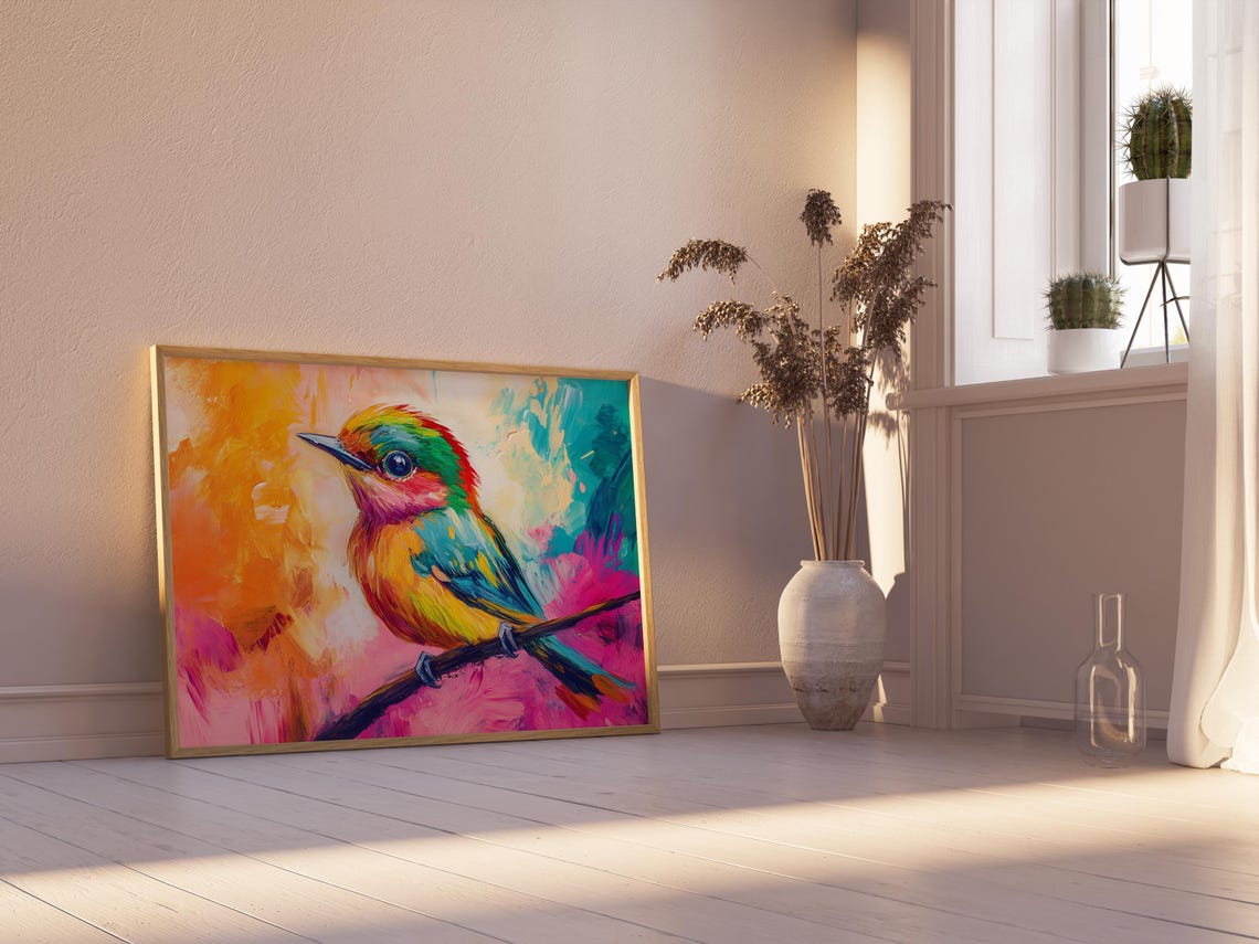 Tiny Rainbow Songbird Pink Orange Abstract Background Poster - Image 2