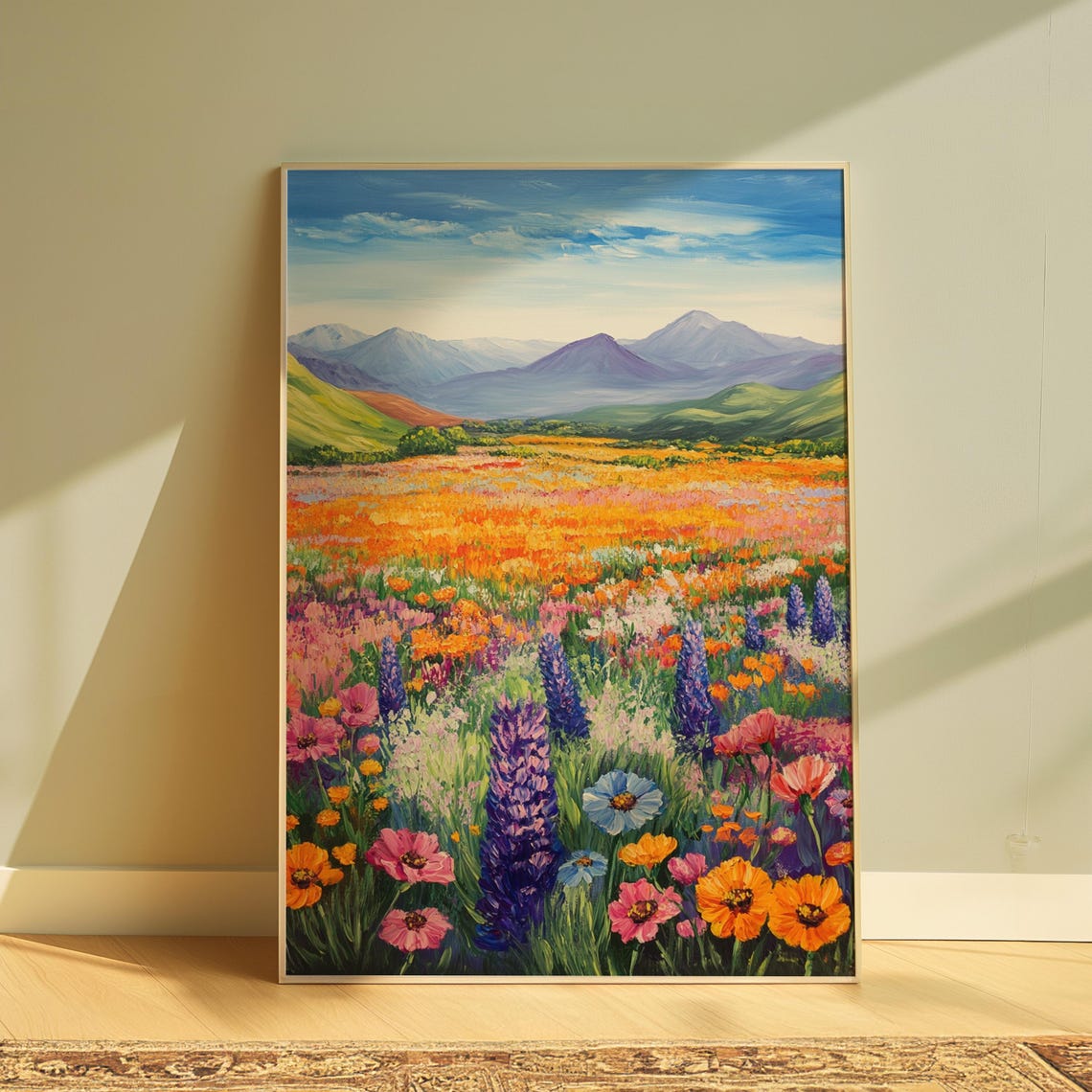 Sunny Wildflower Meadow Blue Flowers Mountain Landscape Art Print