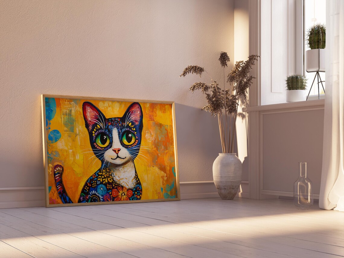 Tuxedo Cat Sitting Floral Patterned Coat Golden Yellow Background Poster - Image 2