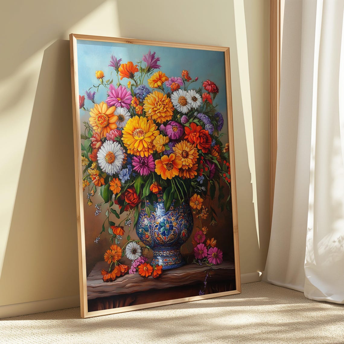 Wildflower Garden Bouquet Blue Talavera Vase Rustic Ledge Warm Poster - Image 5