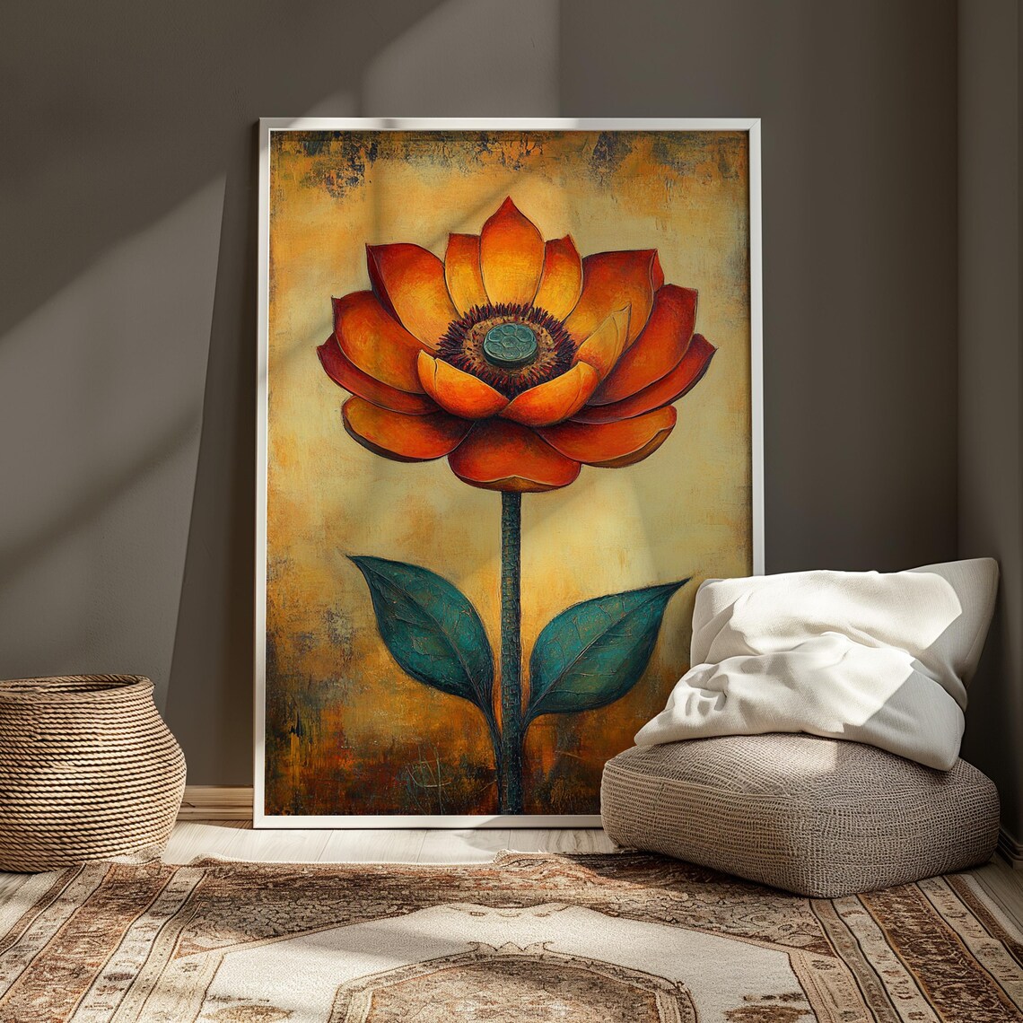 Orange Lotus Bloom Aged Gold Texture Vintage Botanical Floral Poster - Image 3