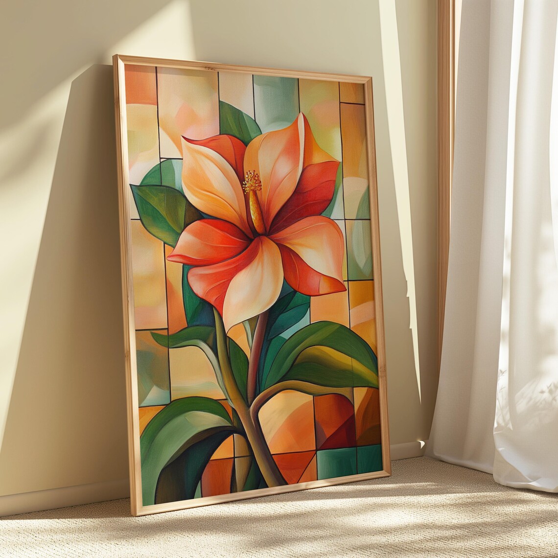 Coral Hibiscus Bloom Stained Glass Grid Orange Floral Poster - Image 5