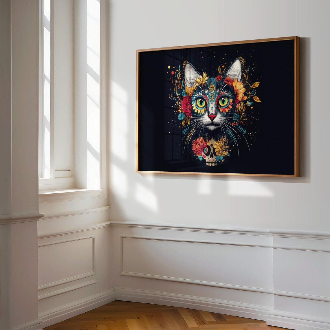 Black Cat Marigold Flower Crown Sugar Skull Pendant Dark Folk Art Poster - Image 3