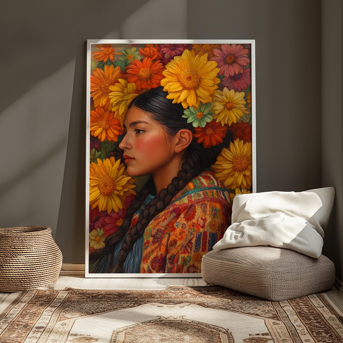 Young Woman Braided Hair Profile Marigold Zinnias Embroidered Shawl Poster - Image 3