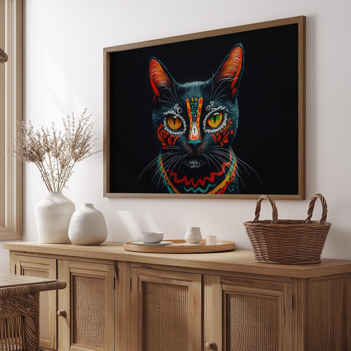Black Cat Sugar Skull Face Paint Amber Eyes Mexican Folk Art Cat Poster