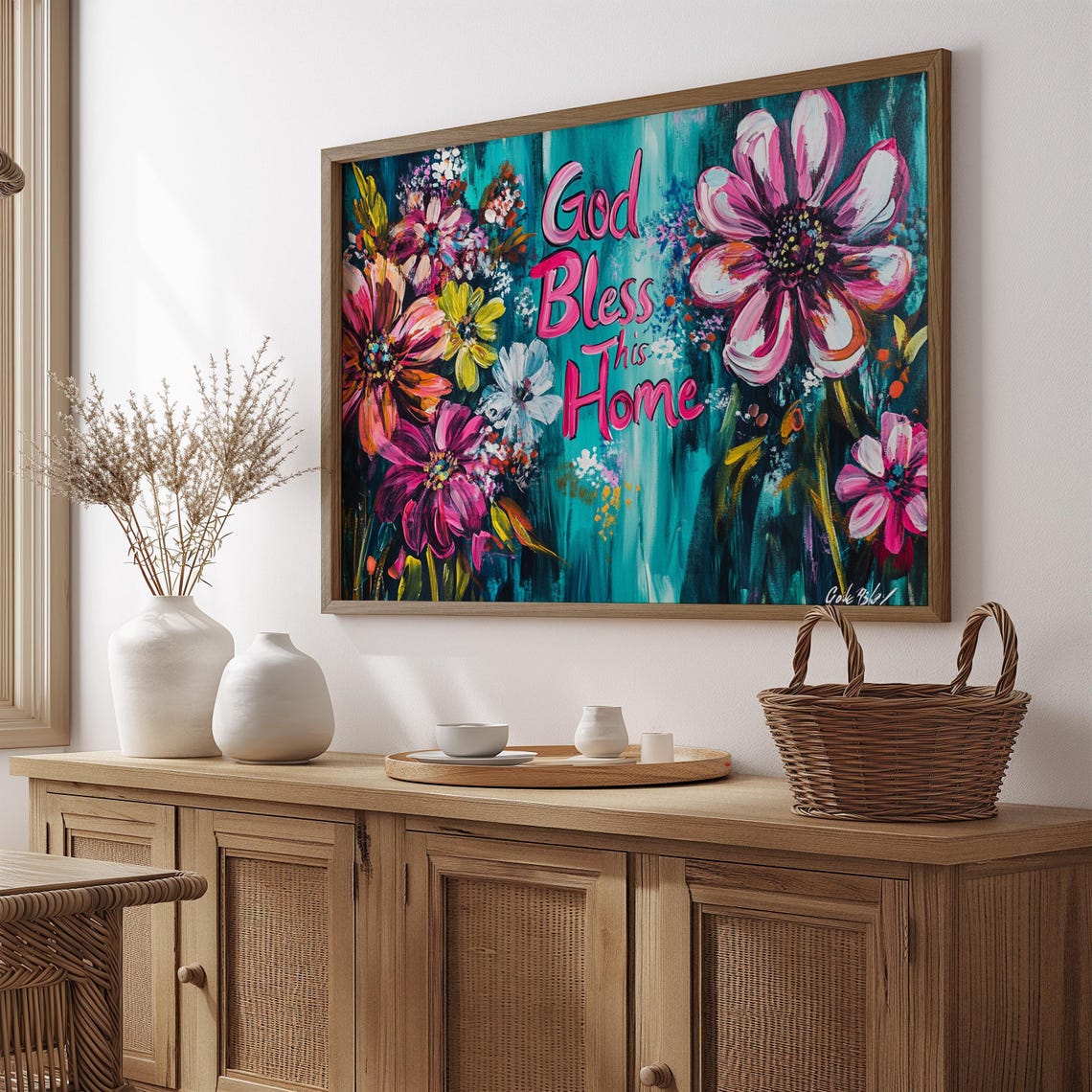 God Bless This Home Magenta Blossom Teal Painterly Brushwork Poster