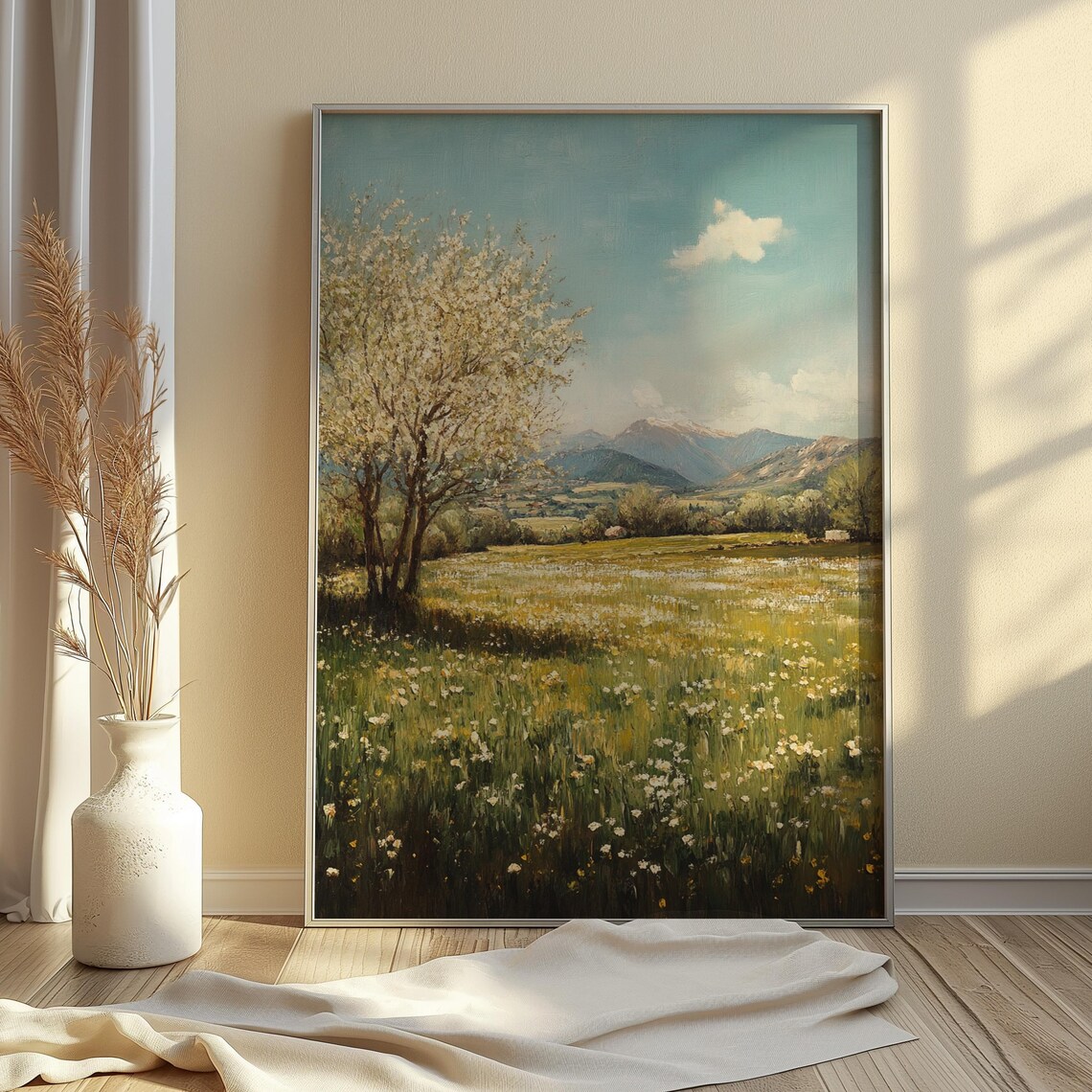 Spring Meadow Blossoming Tree Mountain View Soft Green Landscape Poster - Image 2