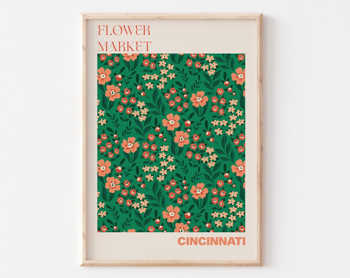 Cincinnati Flower Market Green Floral Allover Pattern Poster