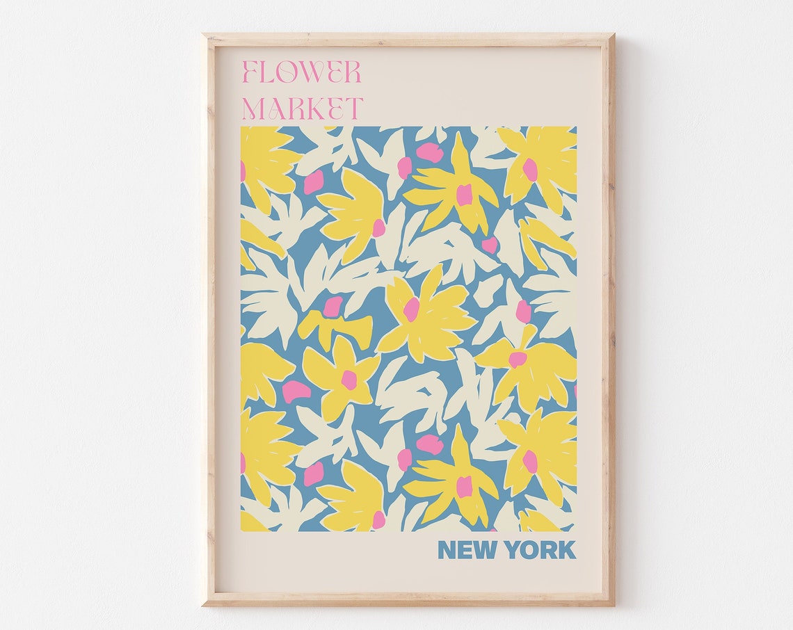 New York Flower Market Yellow Bloom Blue Botanical Art Poster