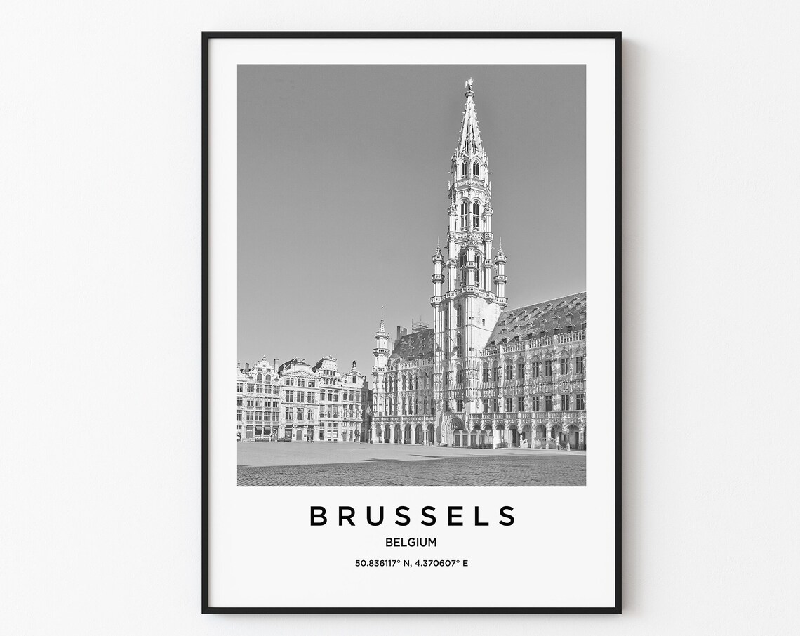 Brussels Belgium Grand Place Gothic Tower Black White Photo Poster